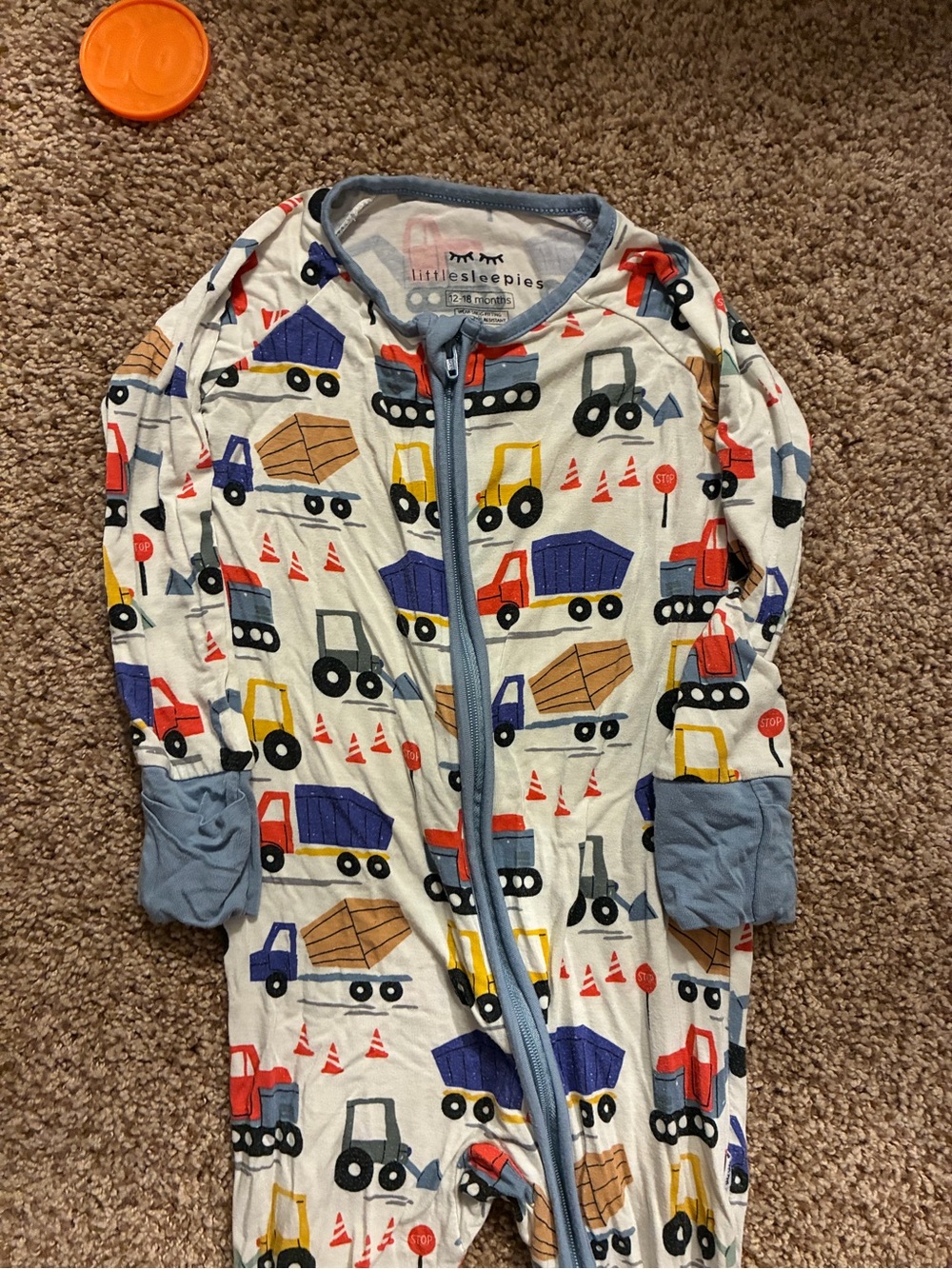 Little Sleepies Kids Construction Vehicle Zip Pajamas - White with truckw